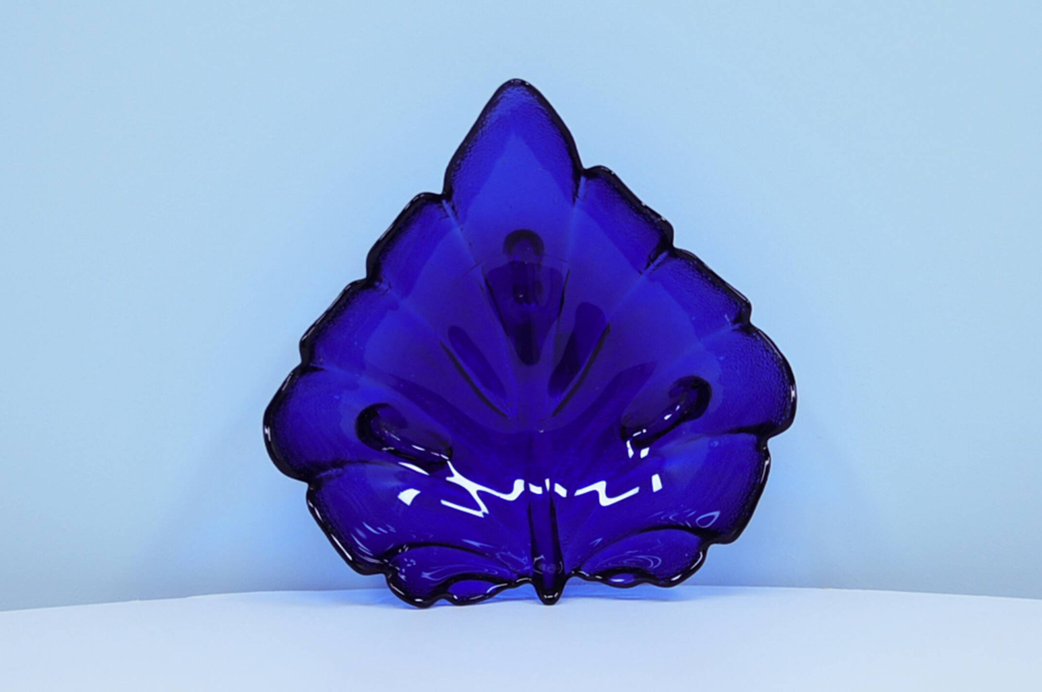 vintage blue glass bowl leaf shape