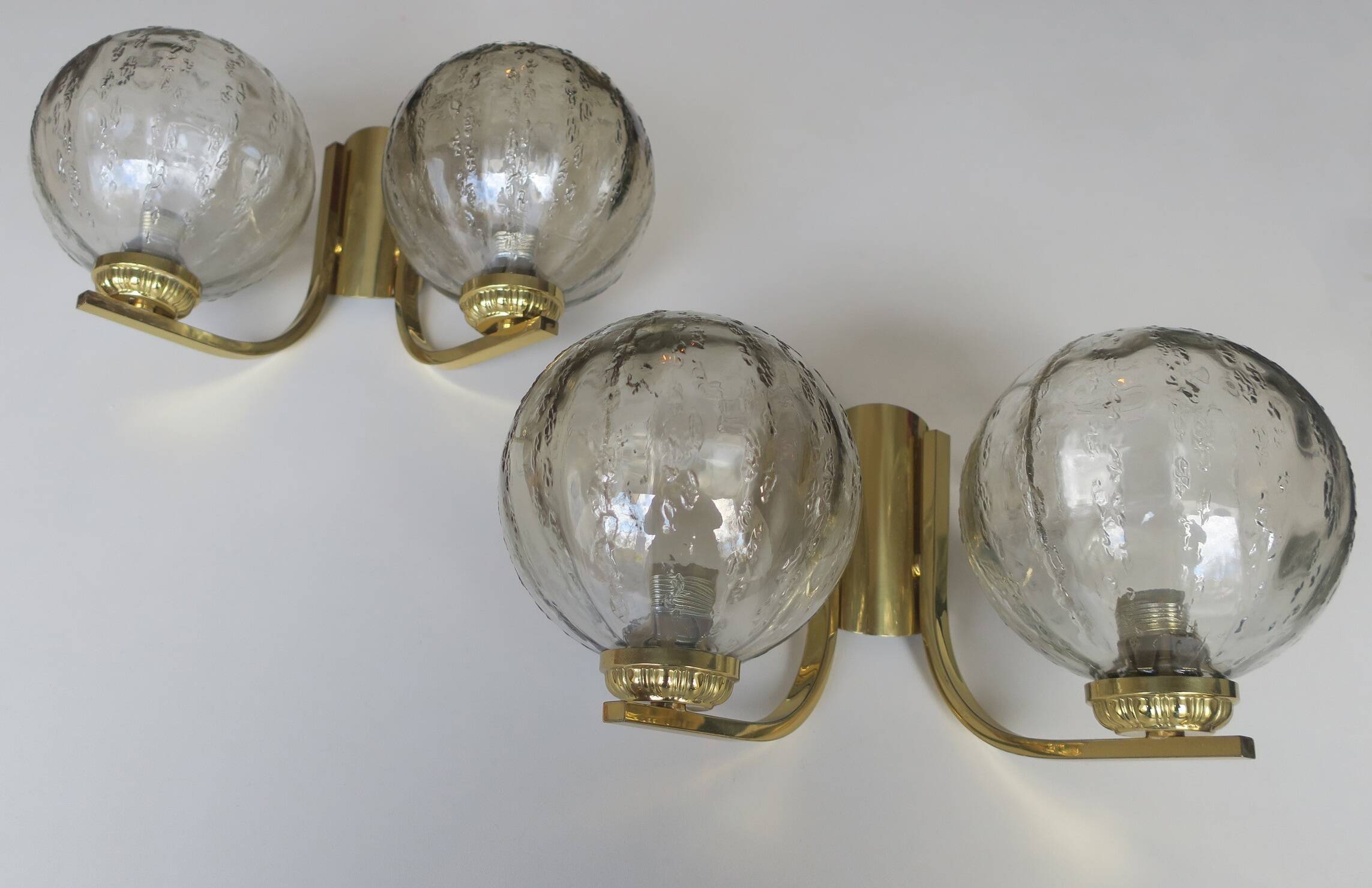 Vintage pair of brass and glass double wall lights, 1970s