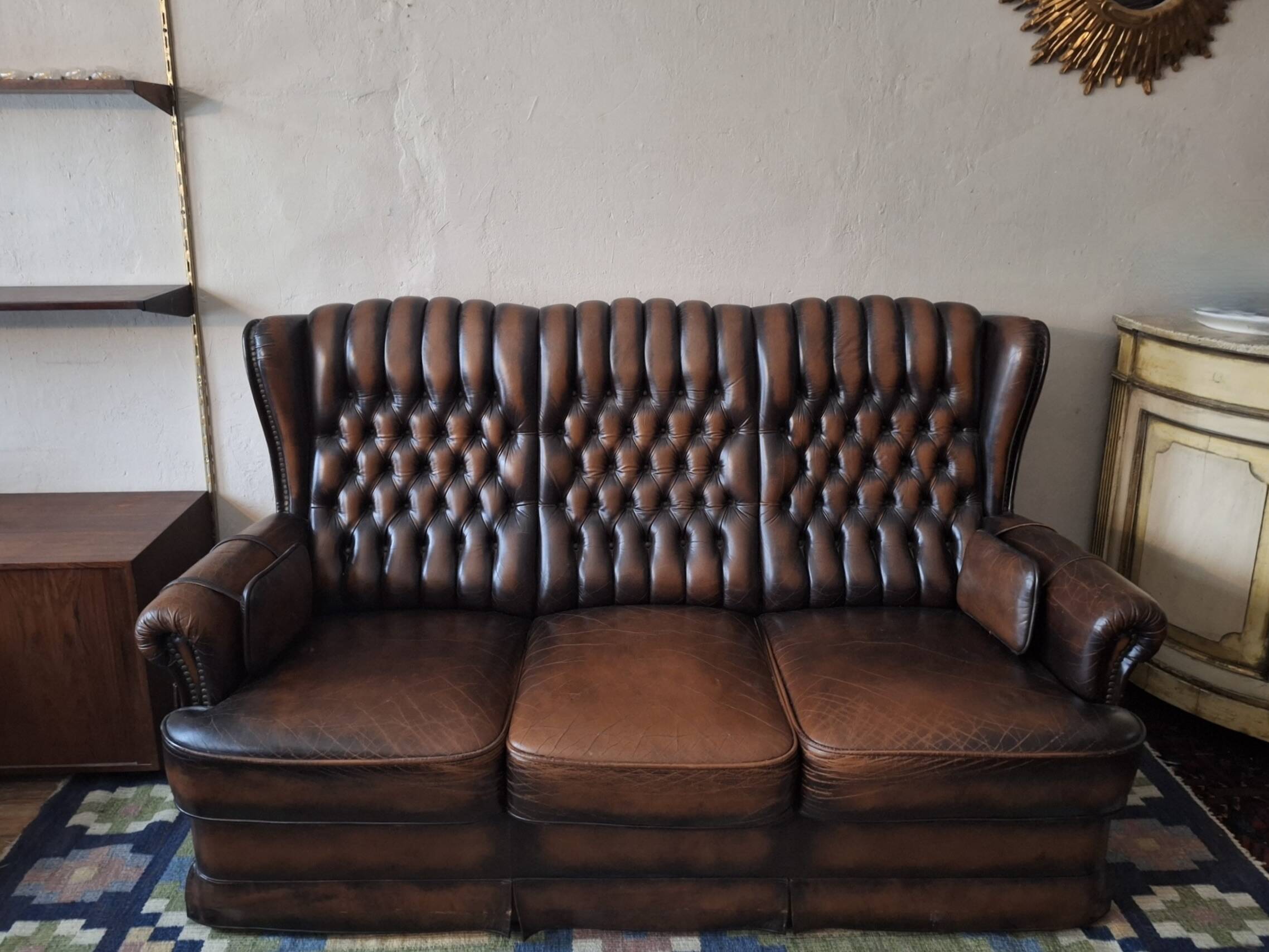 Chesterfield 3-seater chestnut coloured leather sofa