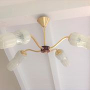 Four-burner chandelier in brass and two-tone glass Scandinavian style / vintage 60s-70s