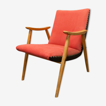 Scandinavian armchairs rockabilly 1950 beech honey color, red fabric and black skaï