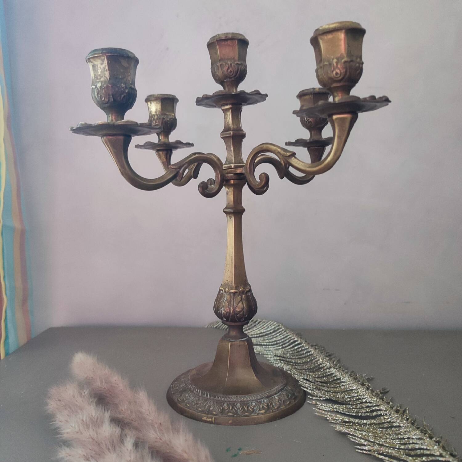 Antique 4-branch candlestick or candelabra in engraved spelter