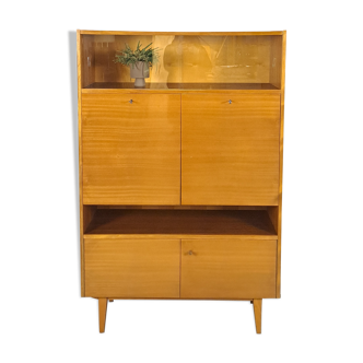 Vintage veneer bar cabinet with glass mirror wall and flap doors, display cabinet