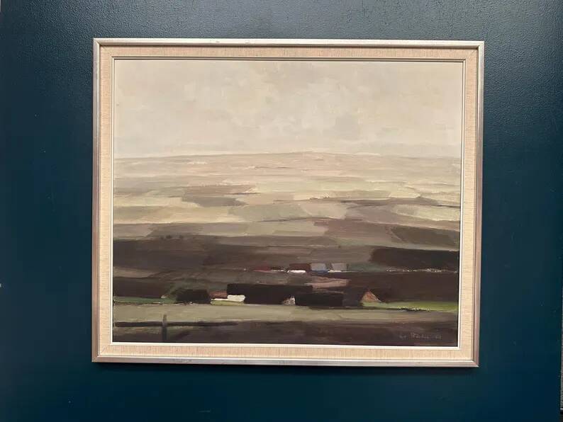 Oil on panel original Swedish - "House in a flat landscape" by Evert Färhm - Dated 1968 - vintage and framed - 81 × 68 cm (31.9" × 26.8")