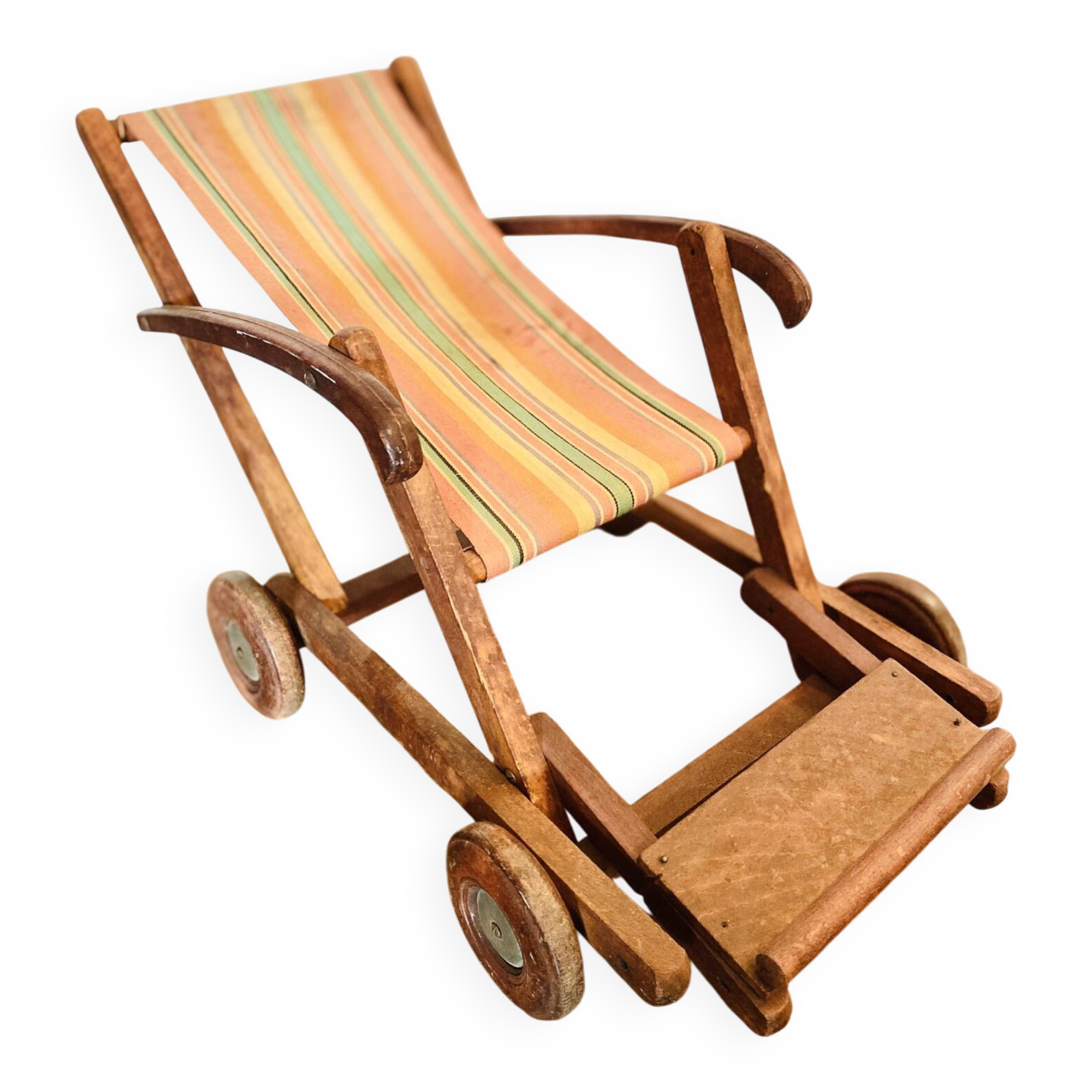 Vintage wooden folding doll's deckchair on wheels