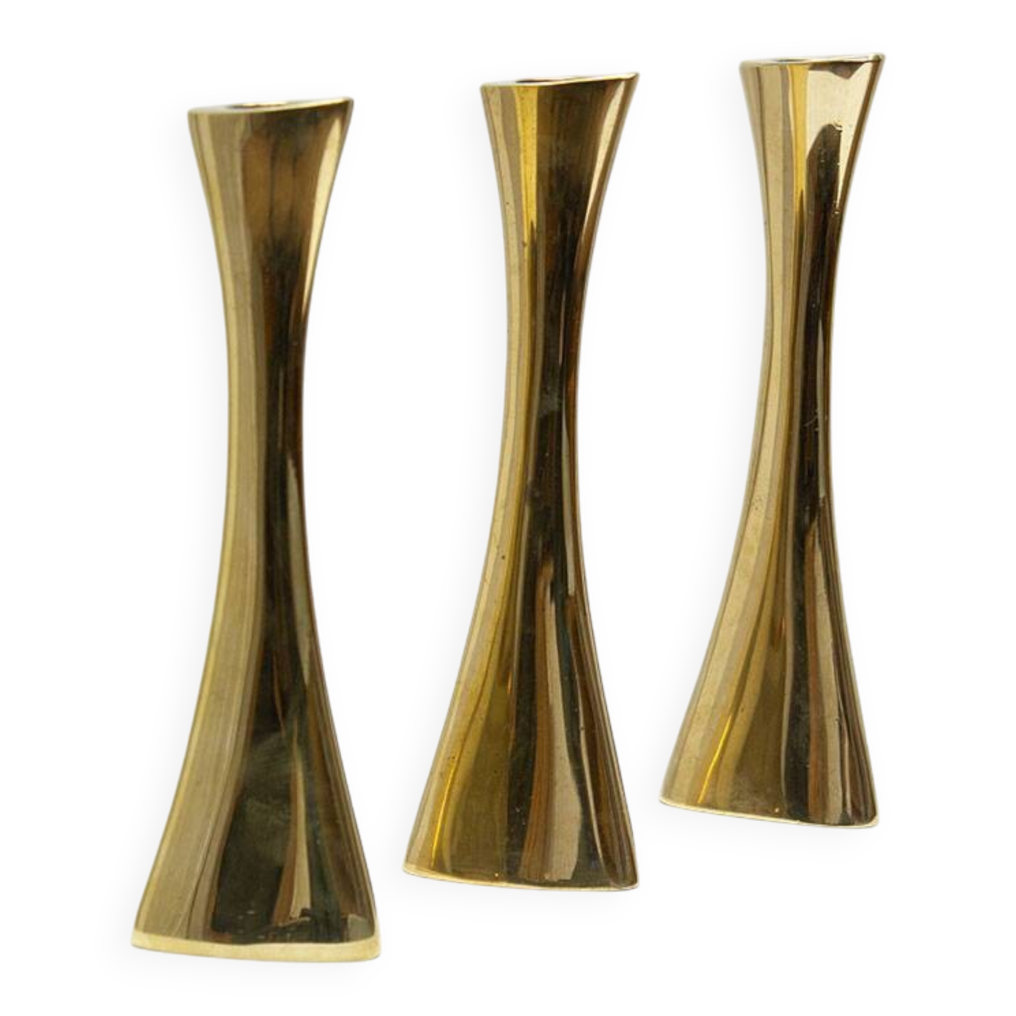 Set of 3 organic shaped brass candlesticks by K.E. Ytterberg, Sweden