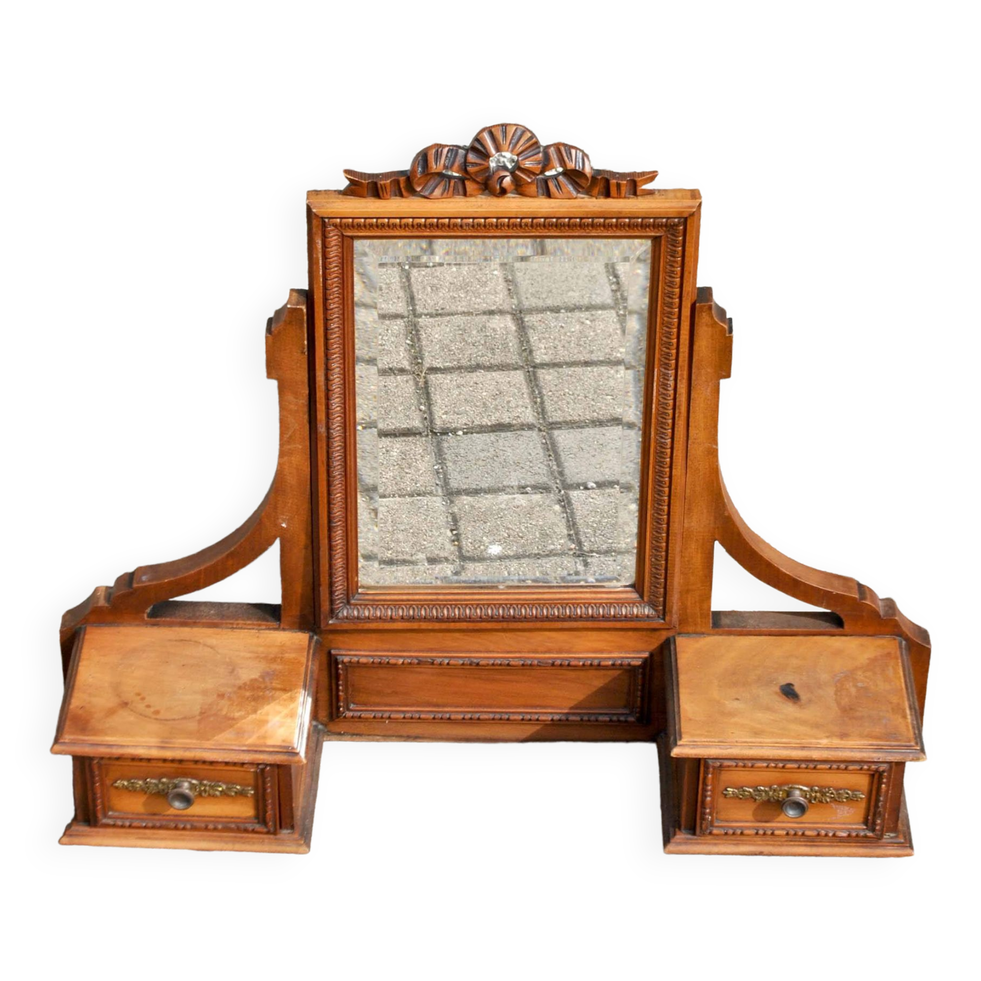 Carved wooden table mirror with ribbon bow - Old Psyche dressing table