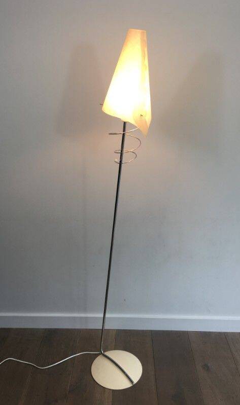 Pair of designer parquet floor lamps composed of lacquered metal and chrome bases and designer white plastic lampshades