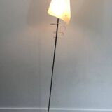 Pair of designer parquet floor lamps composed of lacquered metal and chrome bases and designer white plastic lampshades