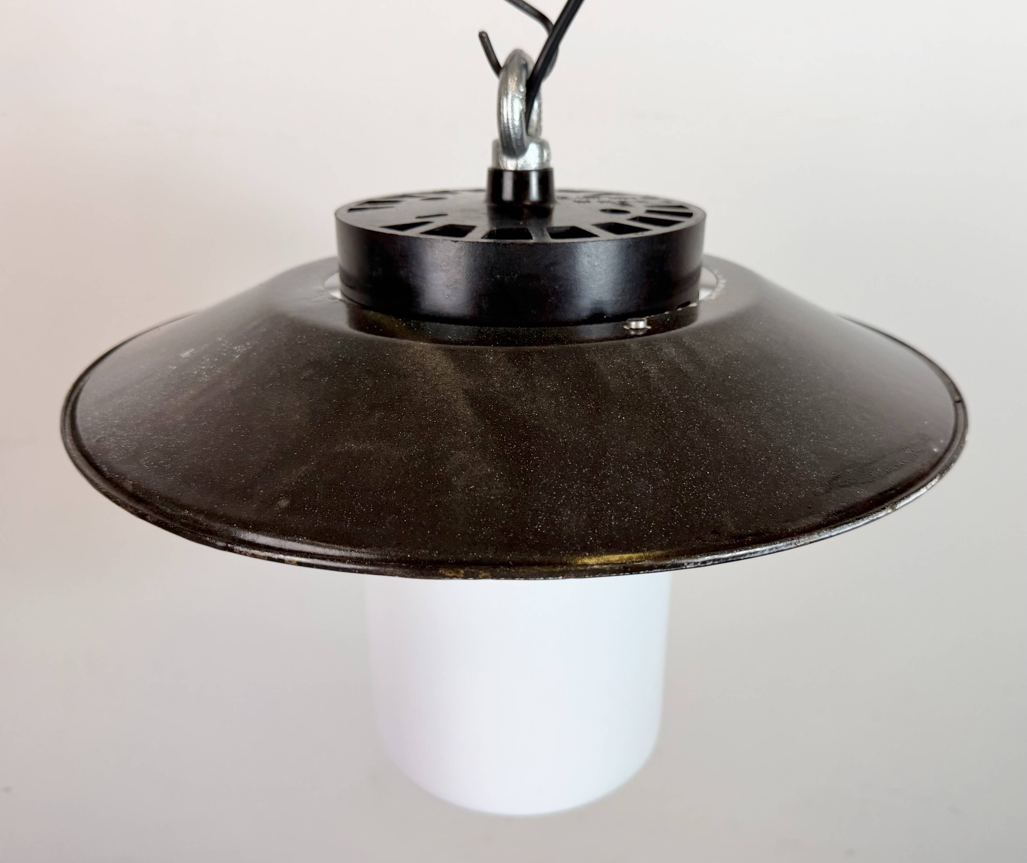 Industrial Grey Enamel Pendant Lamp with Milk Glass, 1960s