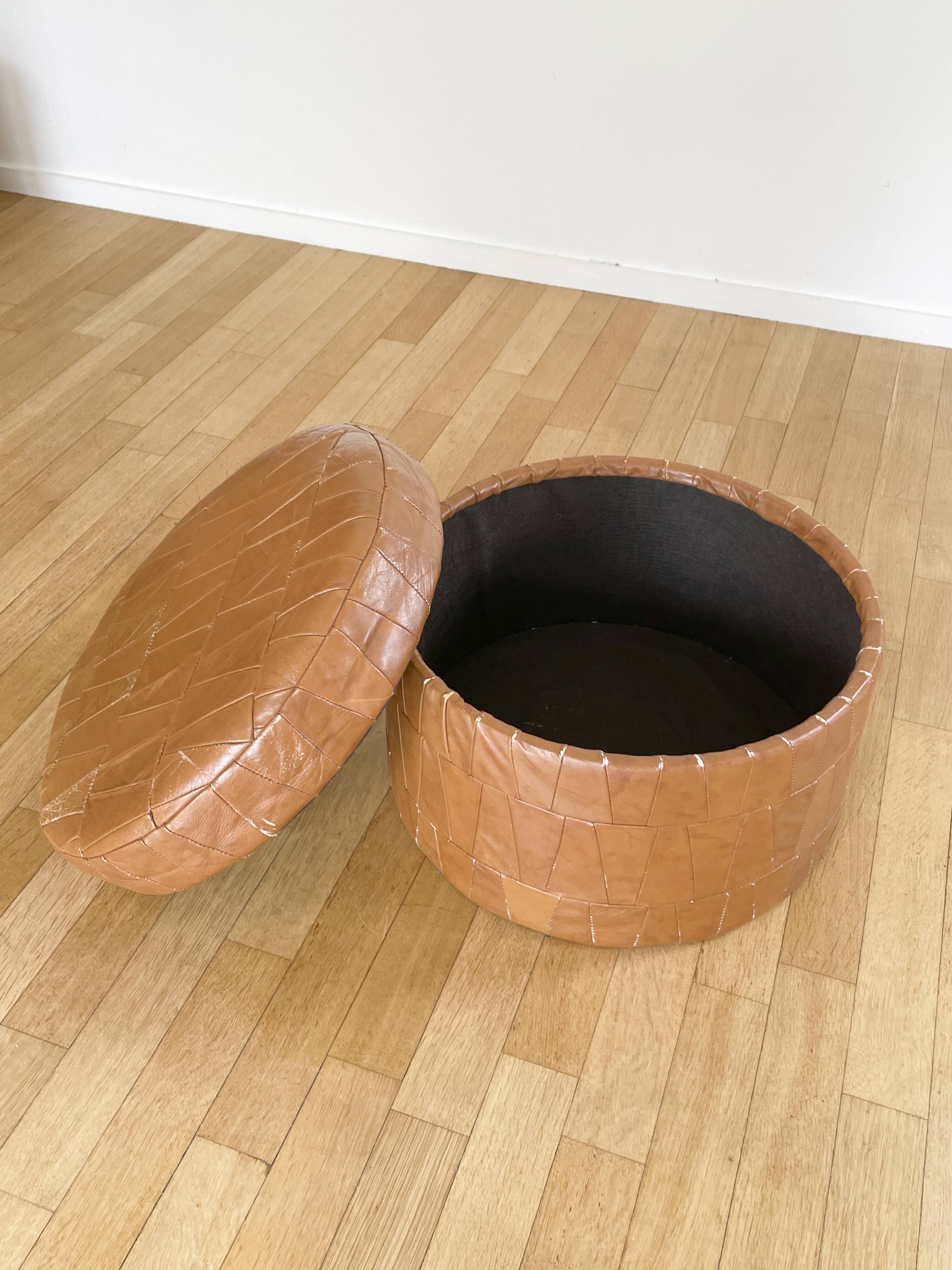 Pouf coffre patchwork cuir cognac