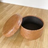 Pouf coffre patchwork cuir cognac
