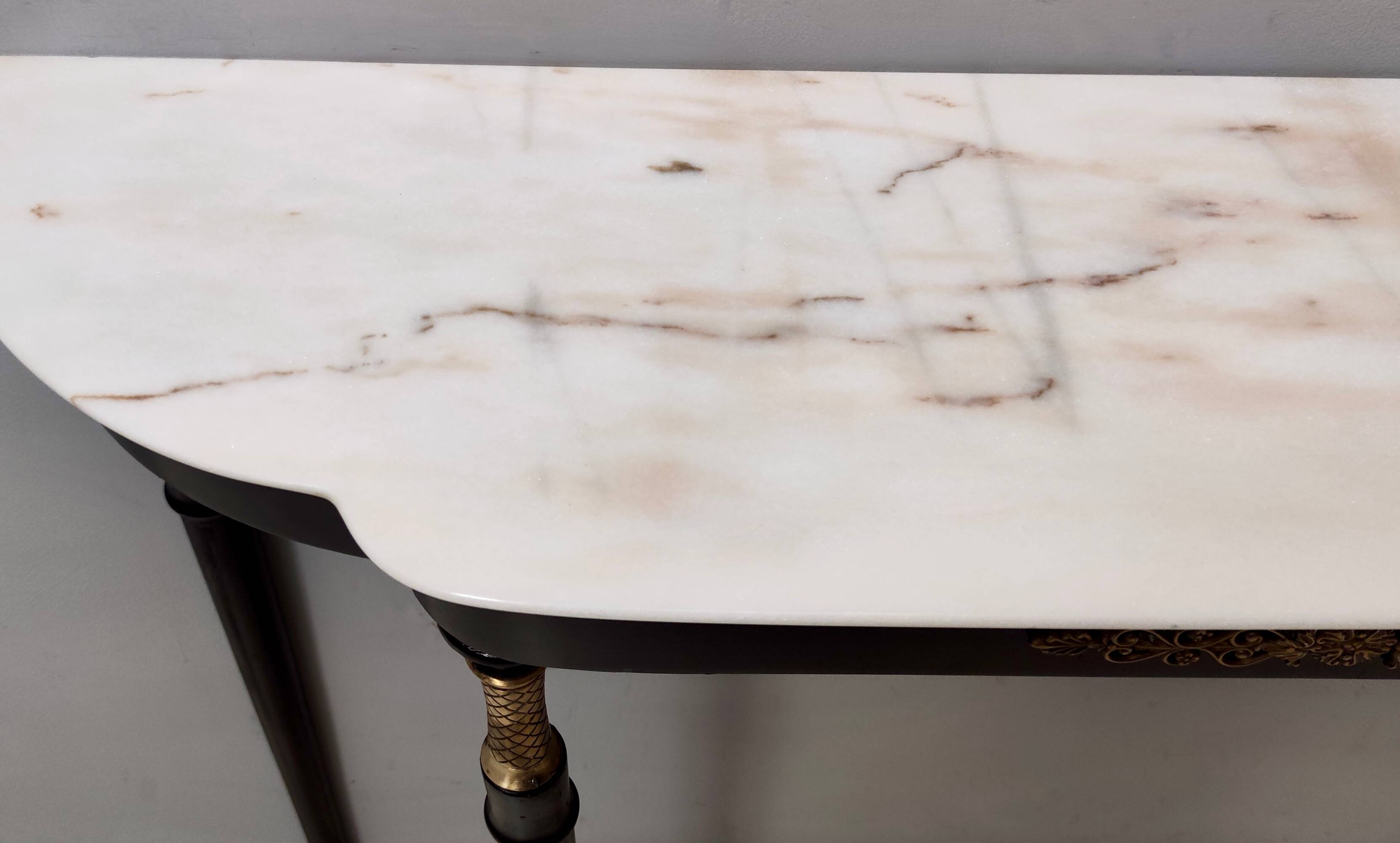 Vintage black lacquered beech console with a portuguese pink marble top, italy