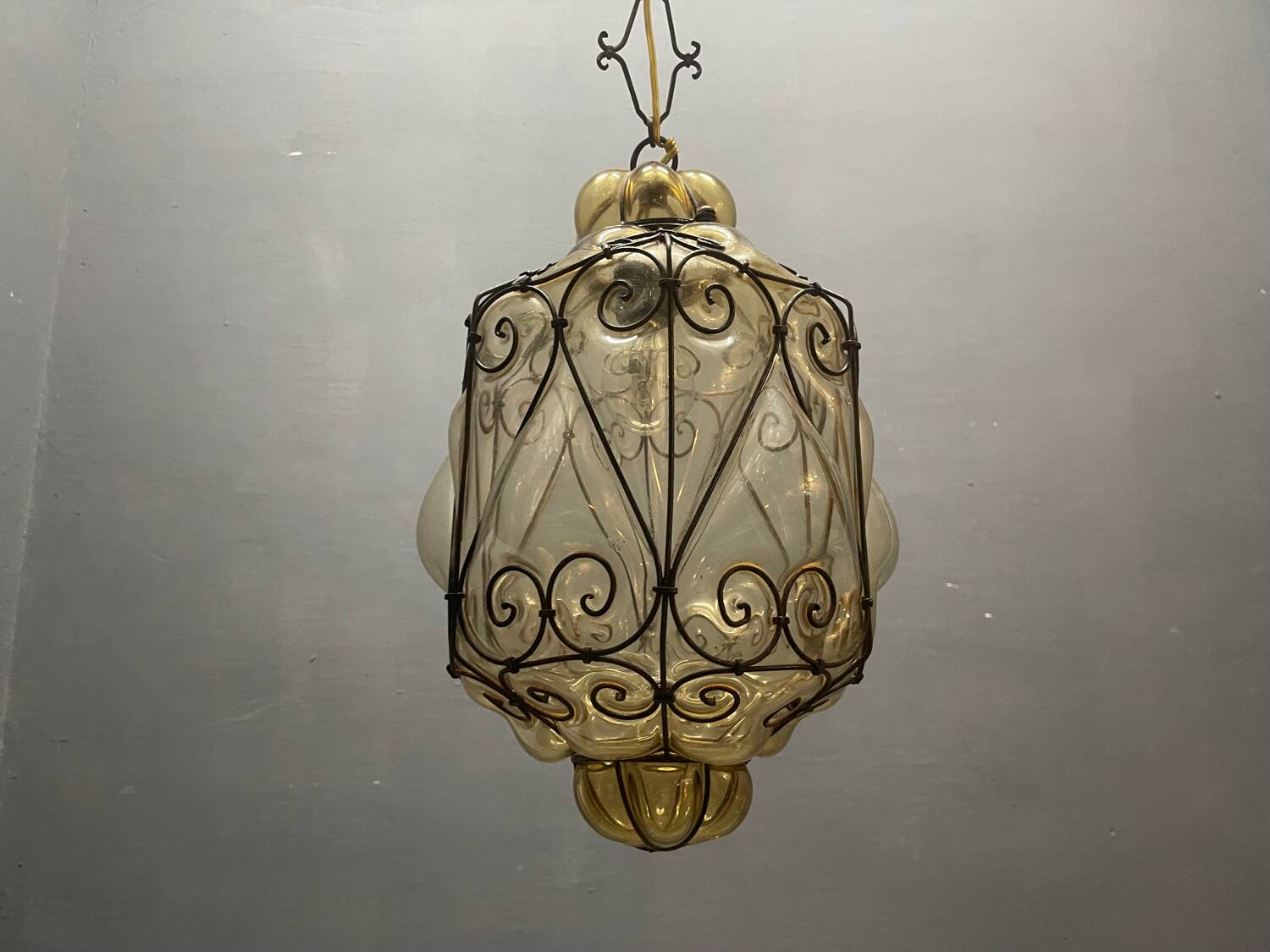 Wrought Iron Murano Glass Latern Light Pendant 1950’s