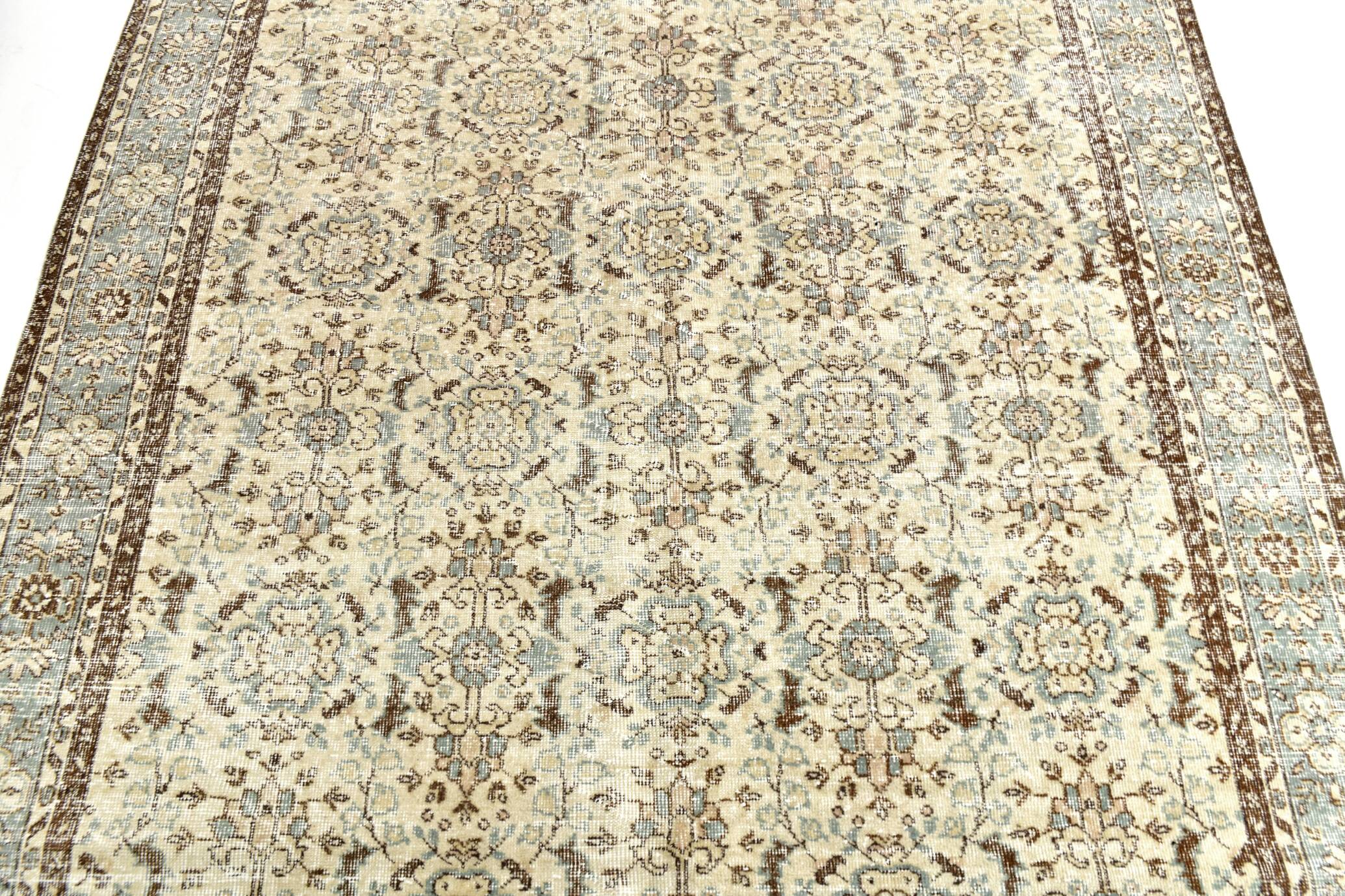 7x10 Turkish Cream Brown Bordered Vintage Rug, 207x316Cm