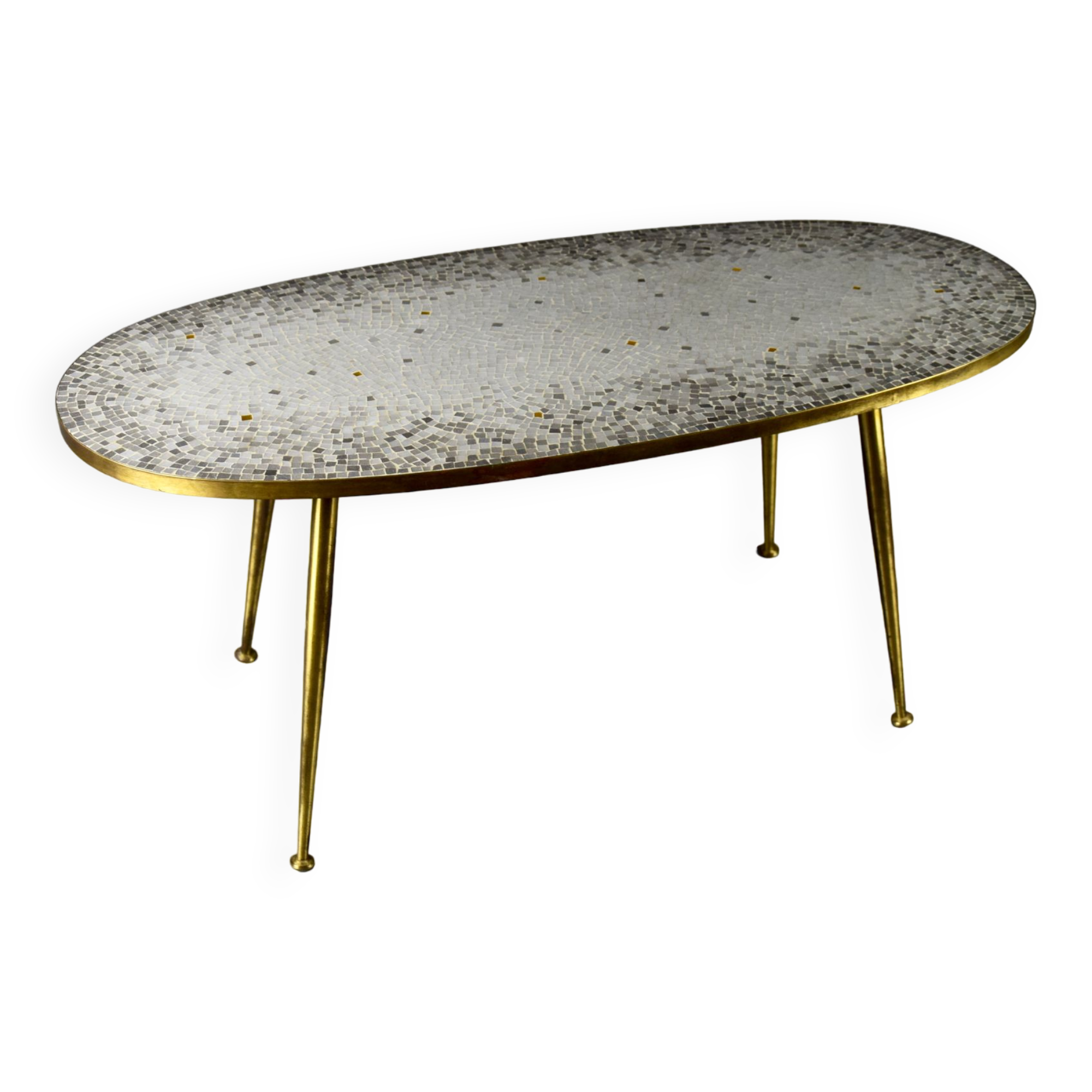 Brass Mid century Oval Coffee Table with Grey Glass Mosaic and Gold Highlights