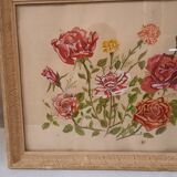 Old painting, gouache on paper, flowers, roses and carnations, framed, under glass.