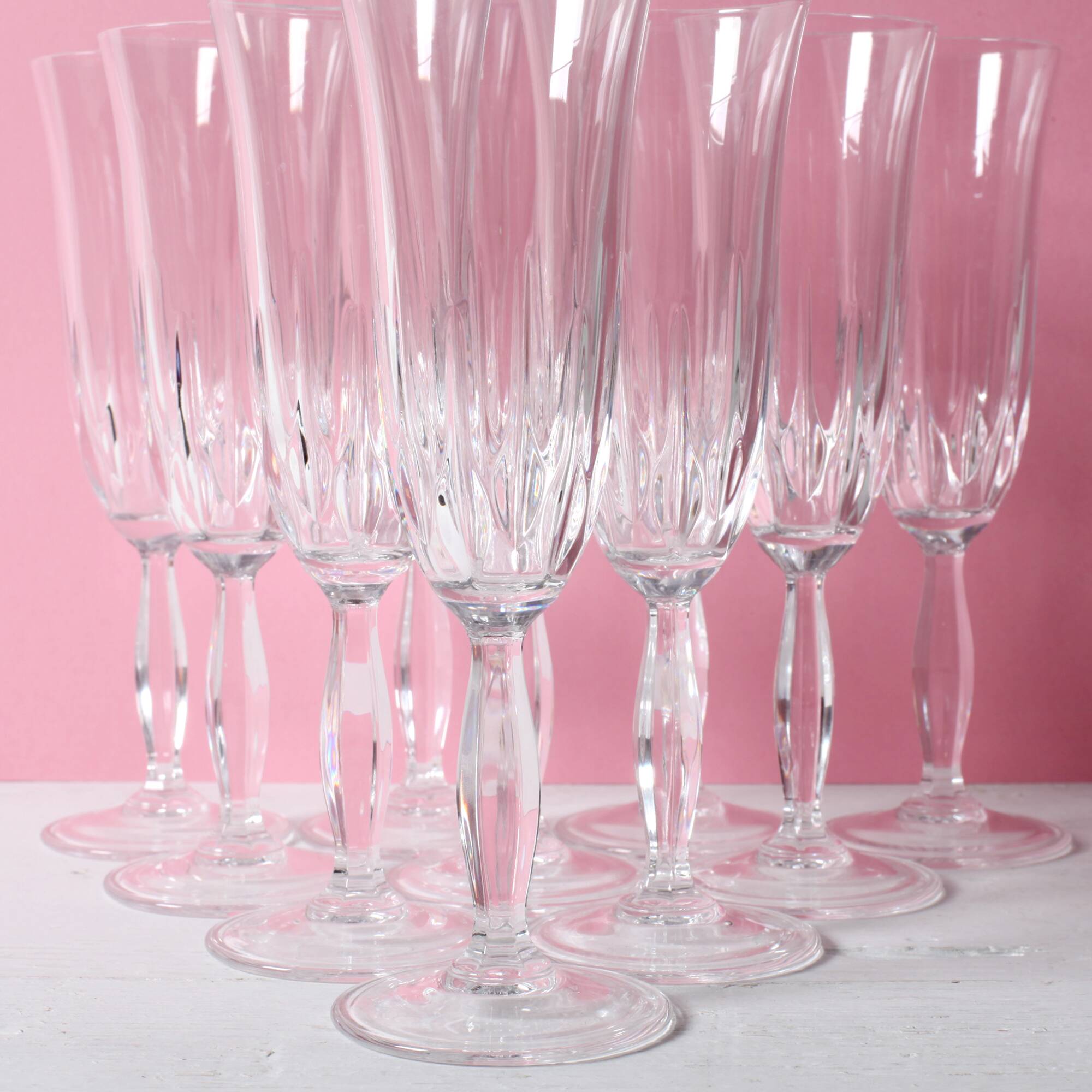 Set of 10 Vintage Crystal Champagne Flutes, Clear Italian Stemware