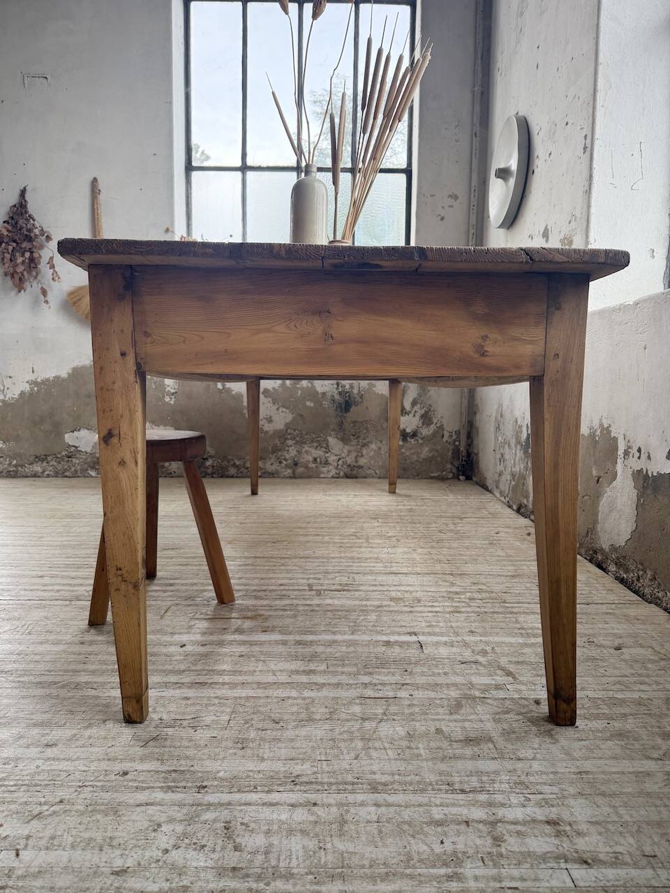 Pine and oak farmhouse table with multiple drawers, communal type, 240cm.