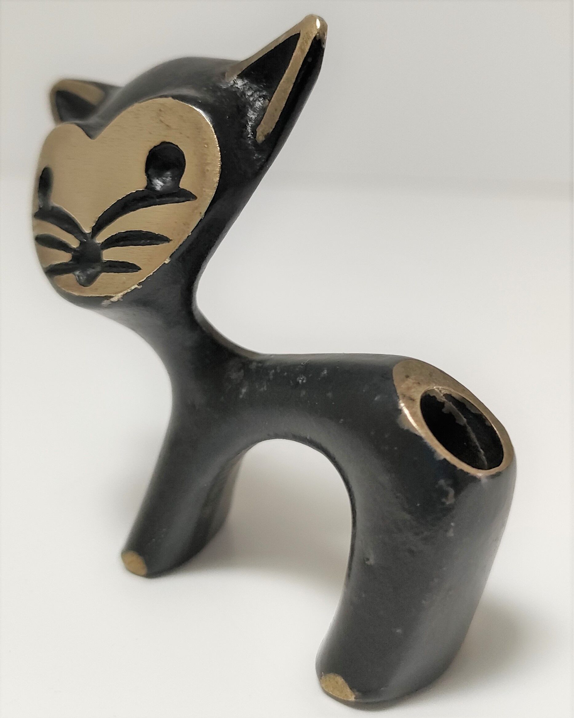 Porte stylo zoomorphe chat bronze patine noir design vintage