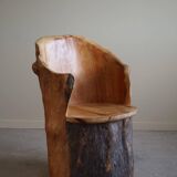 Sculptural brutalist armchair handcrafted in solid pine, Wabi Sabi style, Sweden, 1970s.