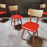 Set of 4 red wooden chairs published by Ton, 60s