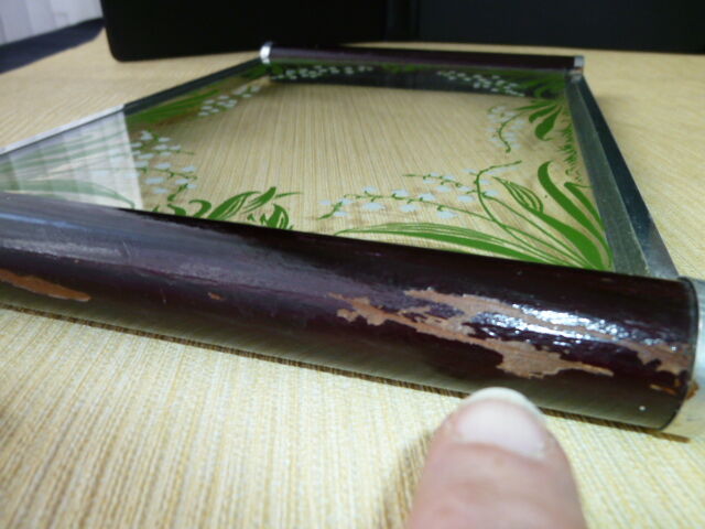 Vintage serving tray in glass and wood Lily of the valley décor