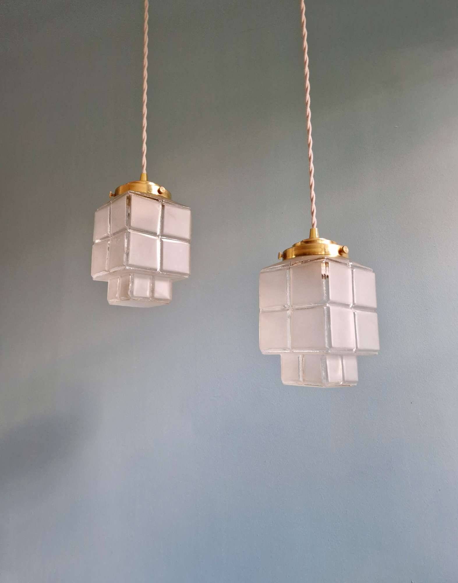 Pair of Art Deco Skyscraper satin glass pendant lights, 1930s