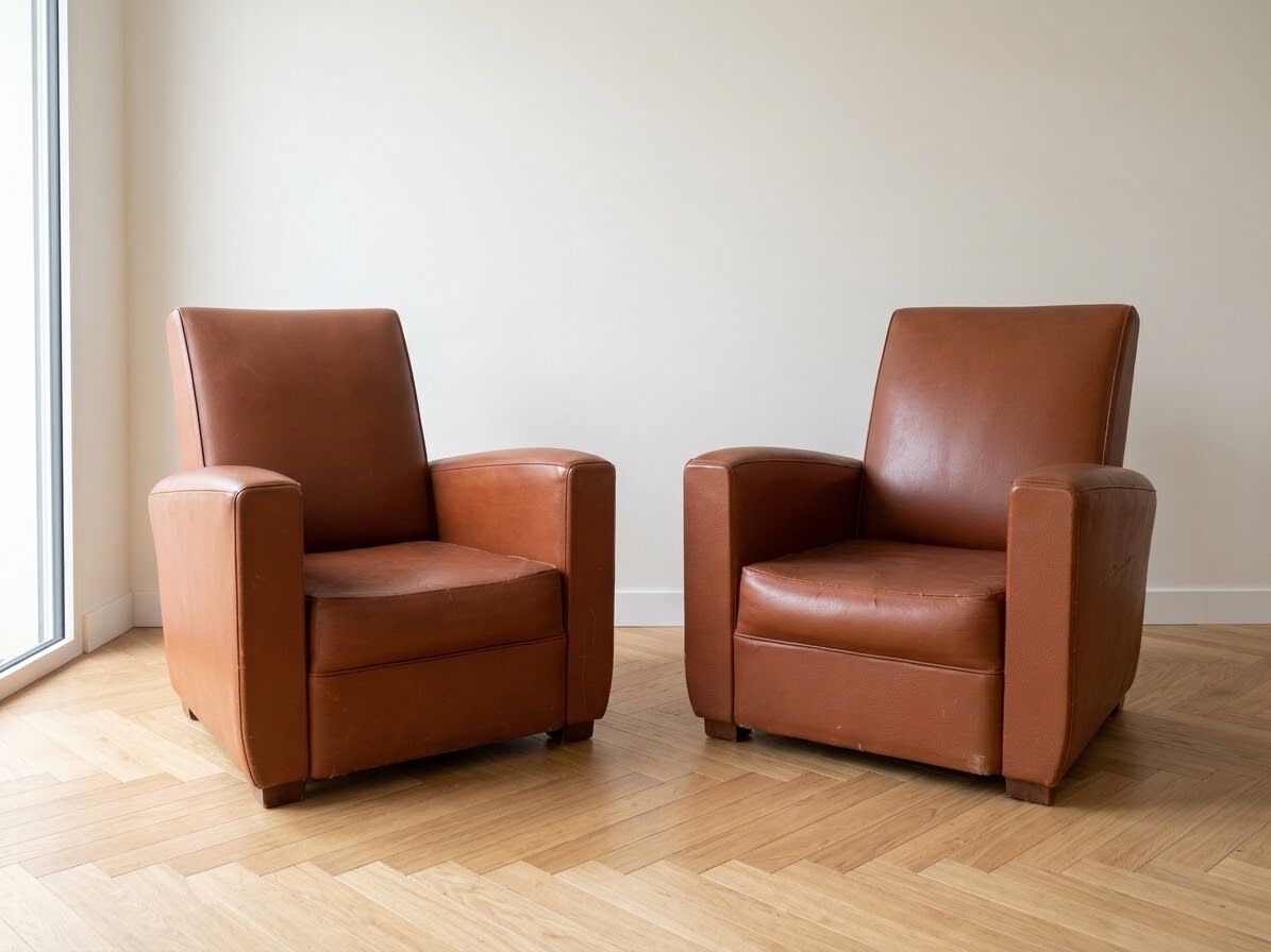 Pair of vintage brown leather club chairs