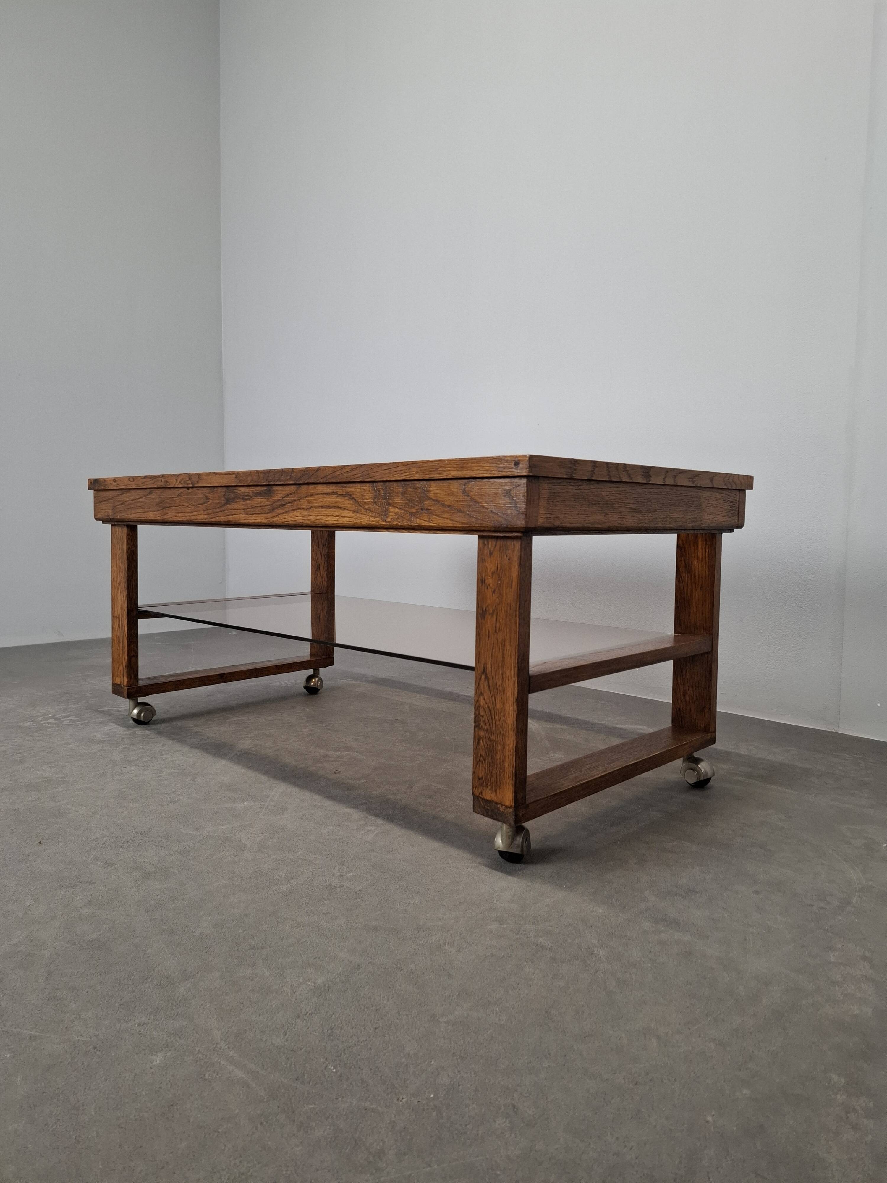 Mid-Century Smoked Glass and Wood Coffee Table on Wheels, Czechoslovakia