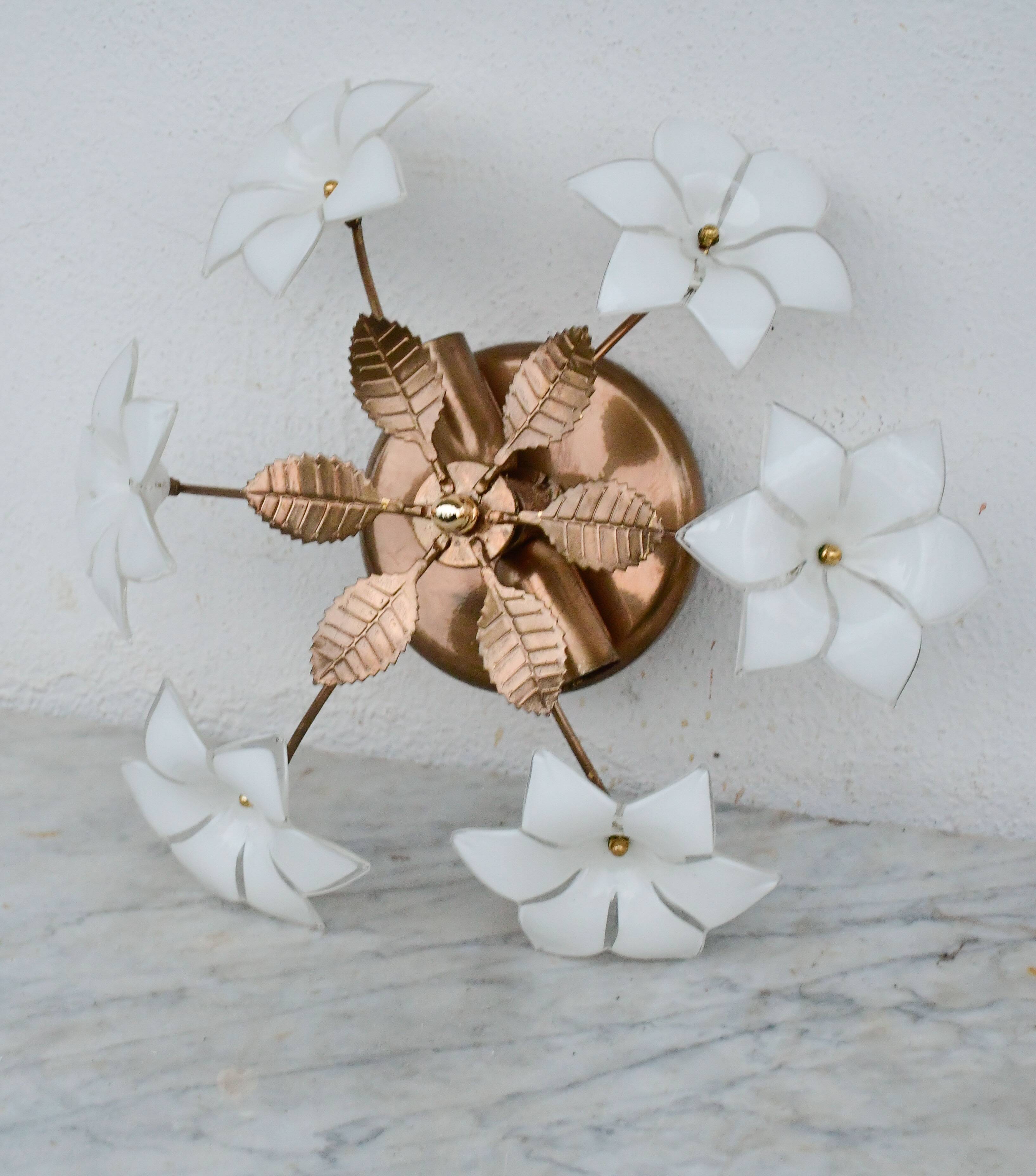 Petite vintage Murano ceiling light white flowers, 1970s