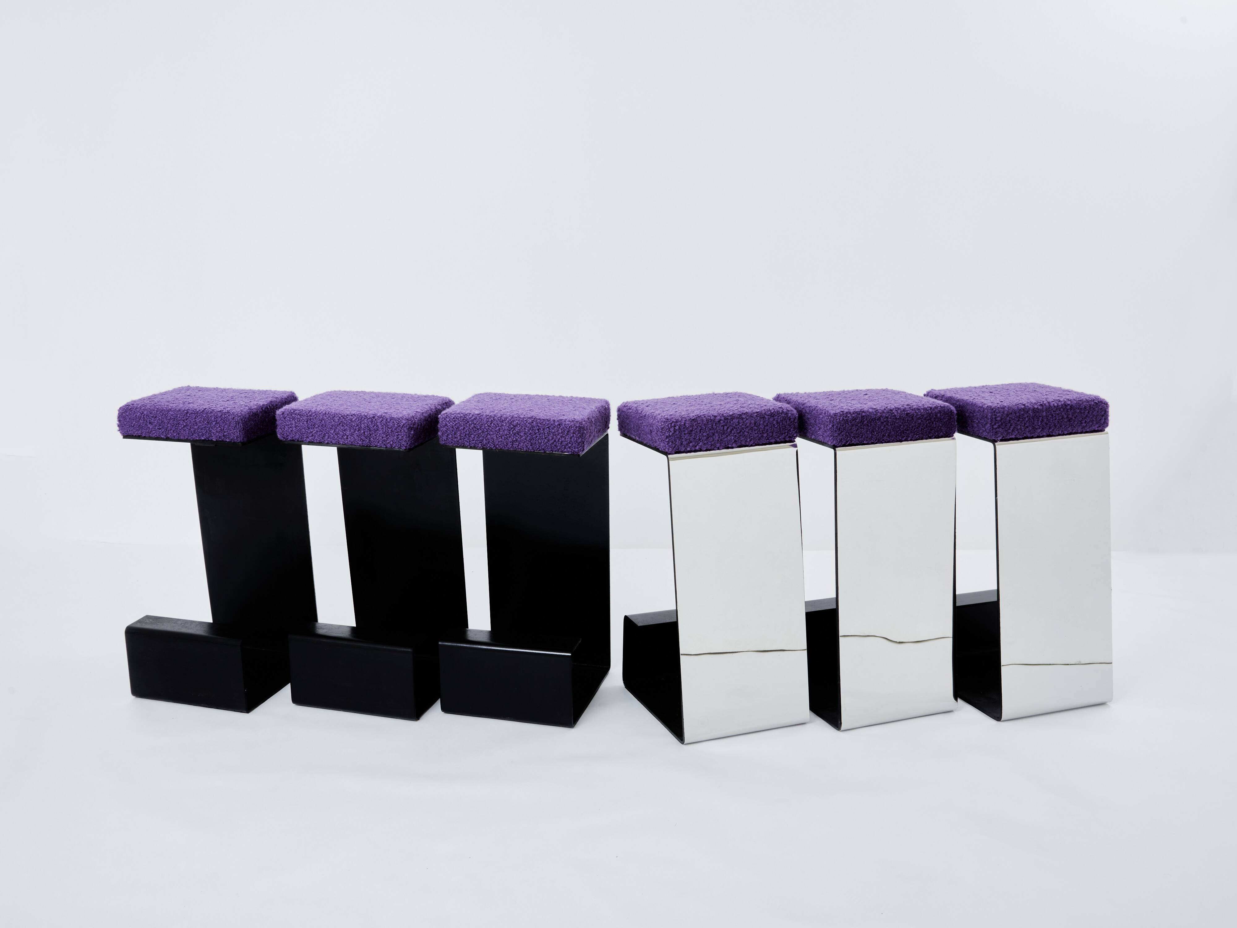 Set of 6 wrought iron bar stools polished steel curly wool 1970