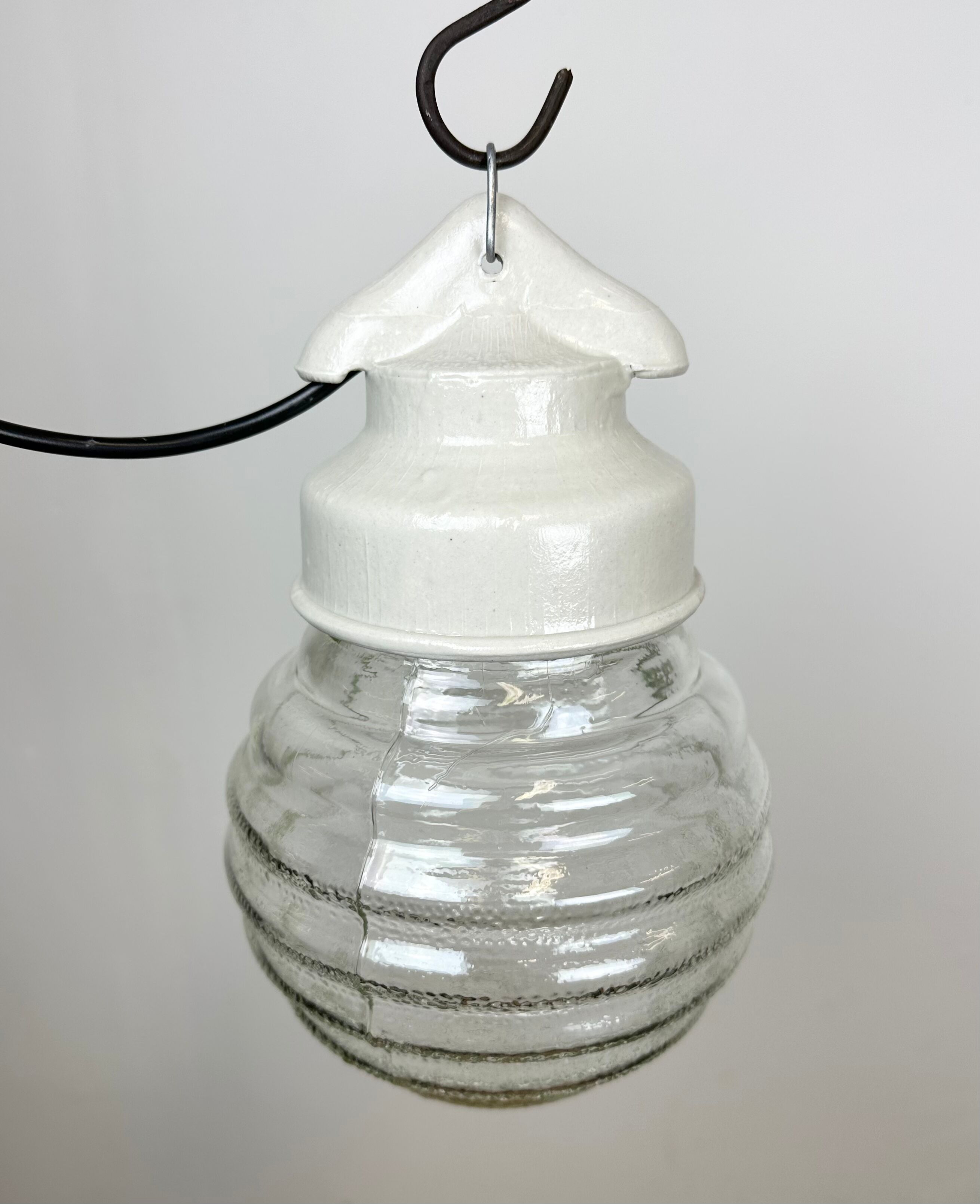 Industrial white porcelain pendant light with ribbed glass, 1970s