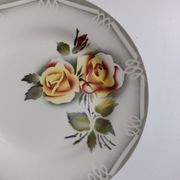 3 Digoin Sarreguemines Adèle plates in grey, yellow, and burgundy.