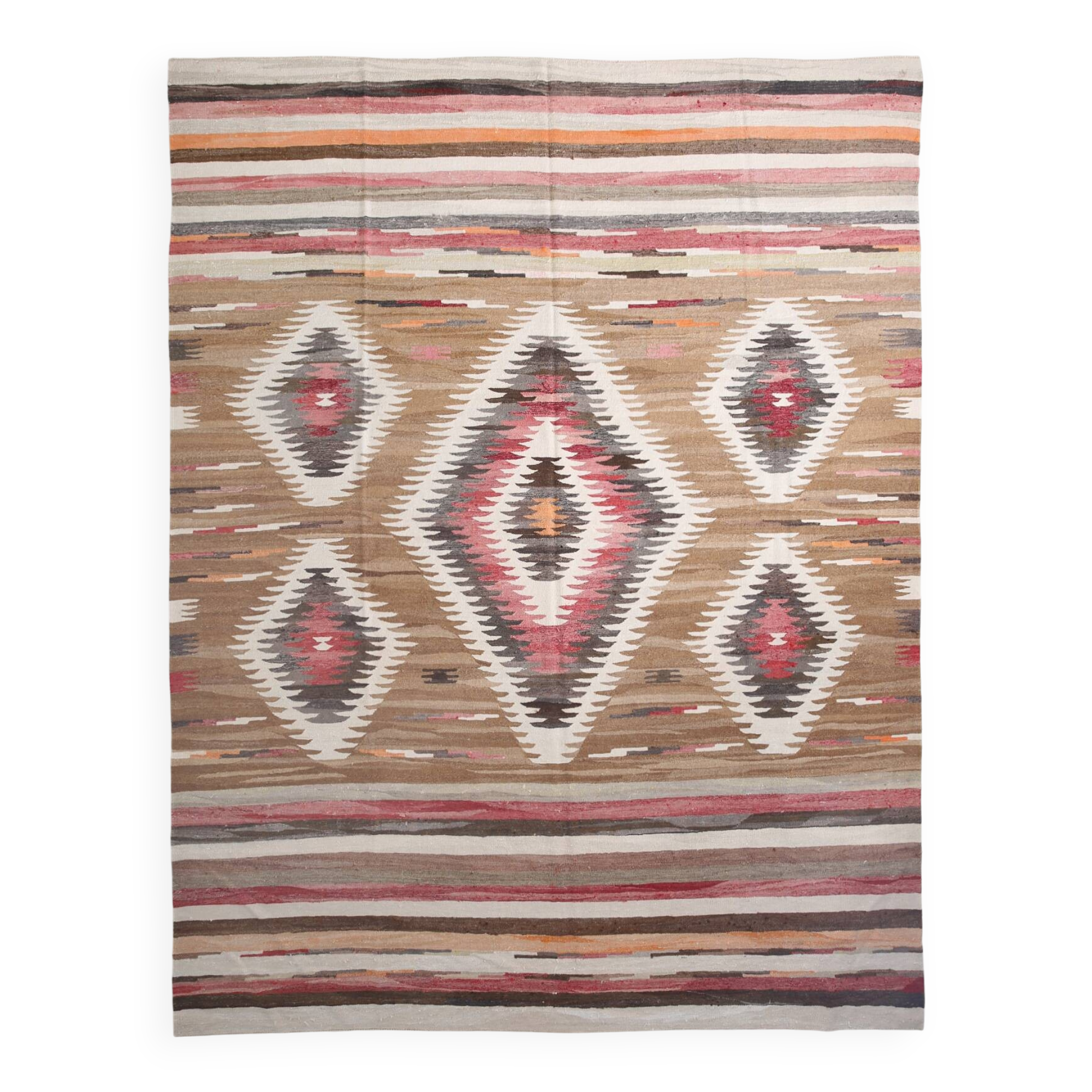 Grand Kilim Vintage Géometrique, Tons Terre & Rouge, Fait Main, 293x386 Cm