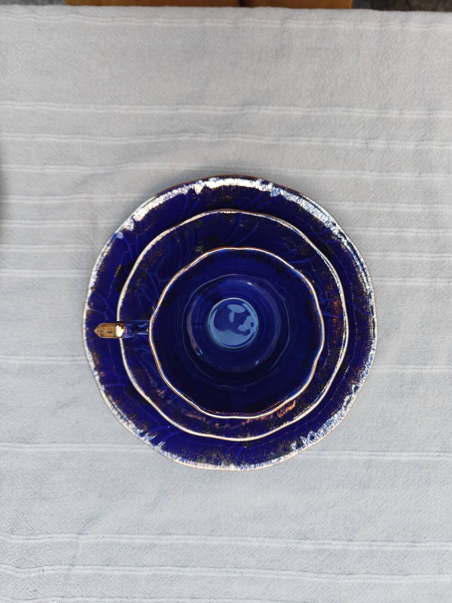 Superb Coffee/Tea Trio in Cobalt Blue & Gold Porcelain - Chodzież Poland
