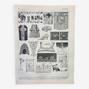 Gravure ancienne 1898, Broderie, couture, tricotage • Lithographie, Planche originale