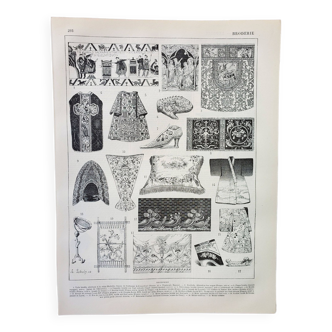 Gravure ancienne 1898, Broderie, couture, tricotage • Lithographie, Planche originale