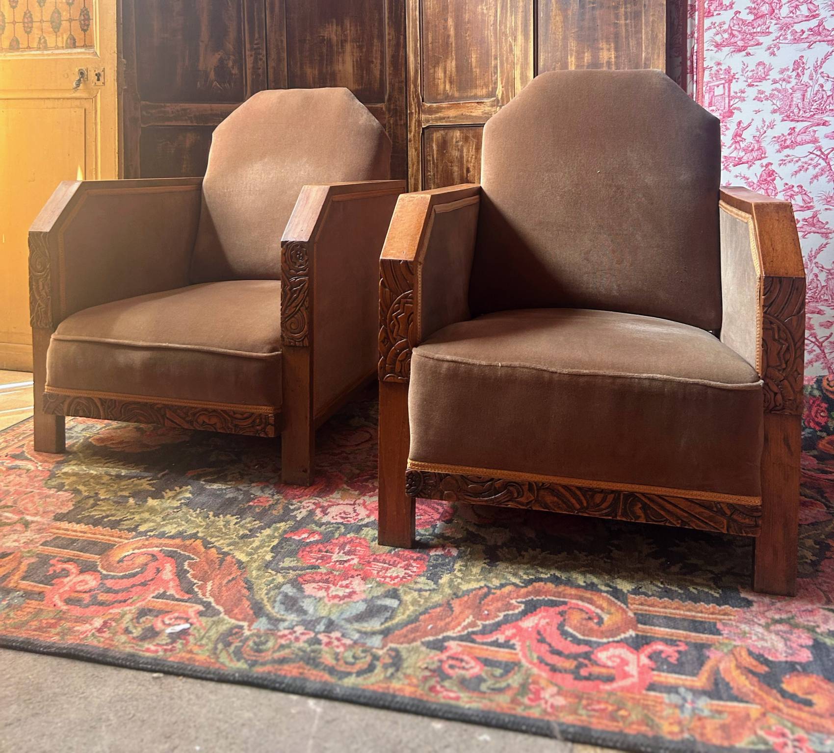 Pair of Art Deco club armchairs, renovated