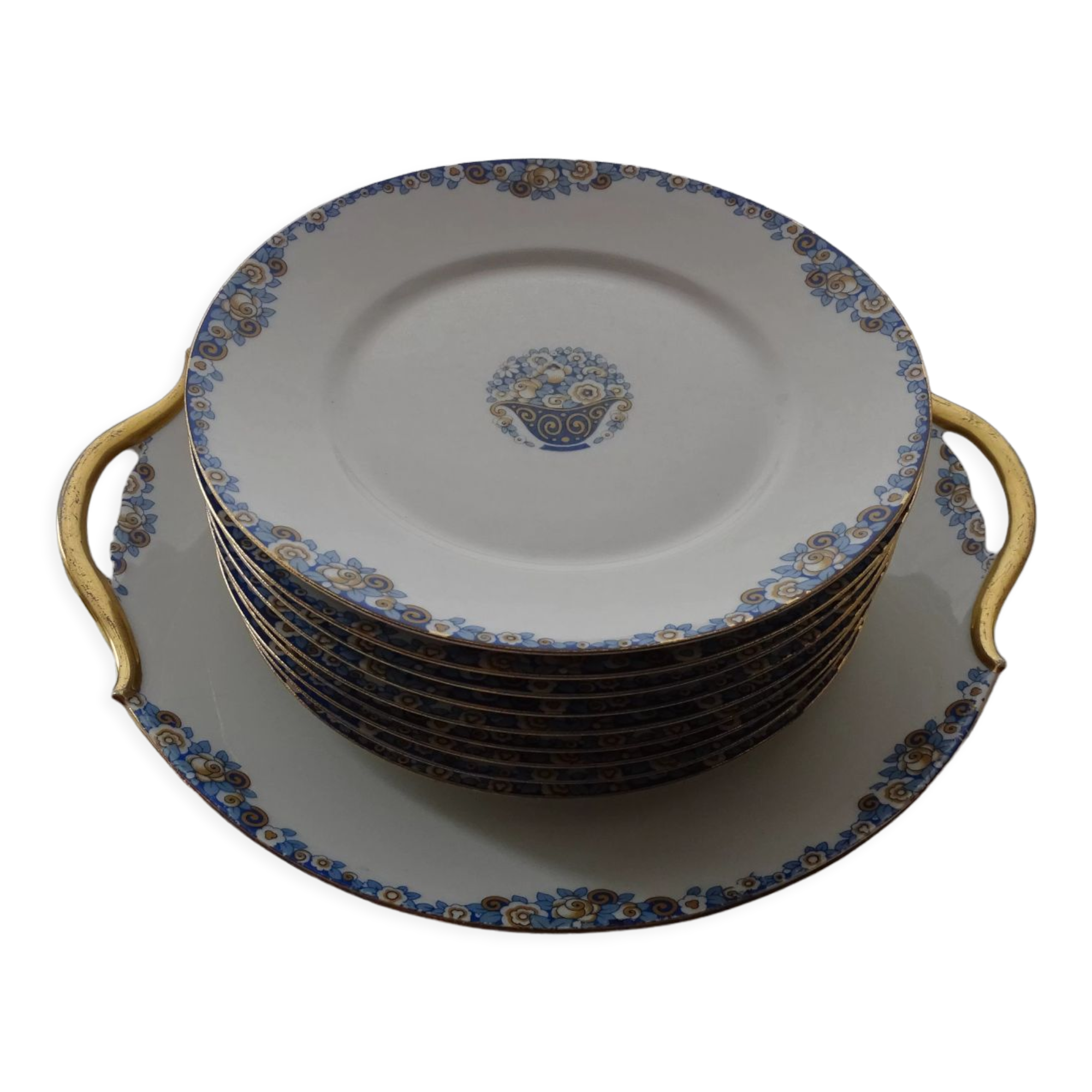 Dessert service porcelain Limoges Union Art Deco 9 people