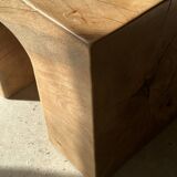 Solid monoxyl wood bench with carved 3-arch base - Natural wood color
