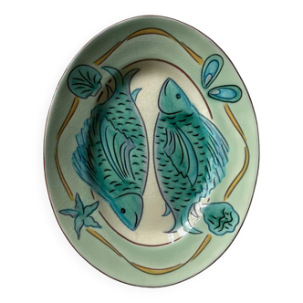Plat poissons vintage céramique signé