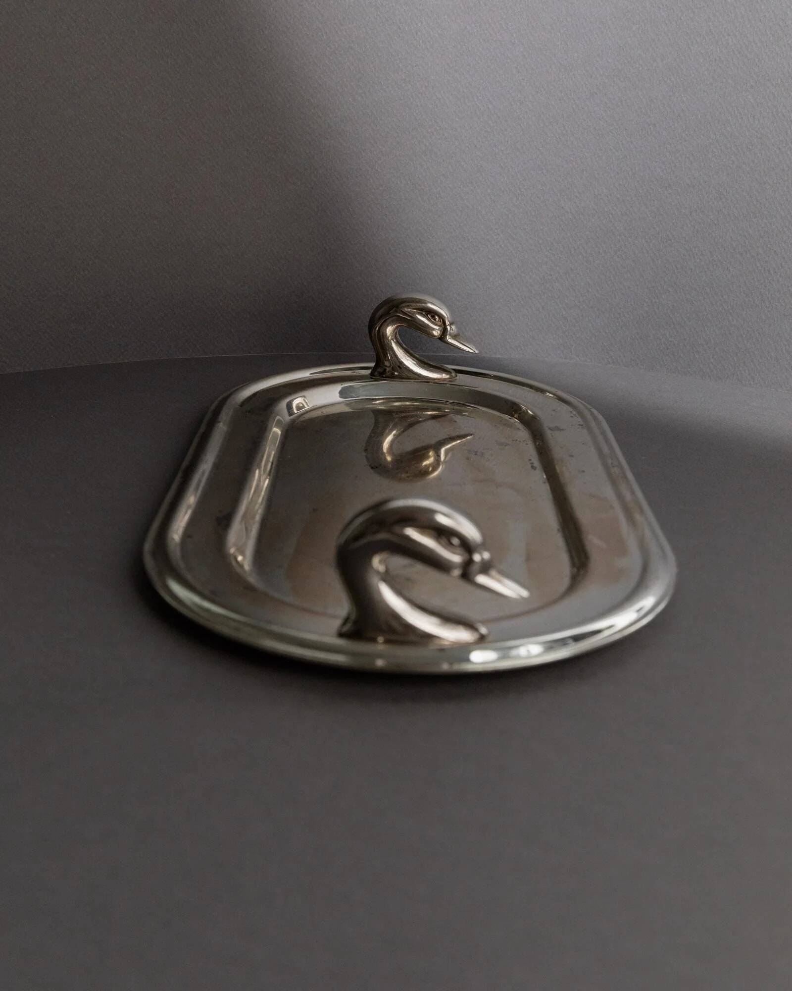 1960s vintage silver-plated oval tray with swan head handles.