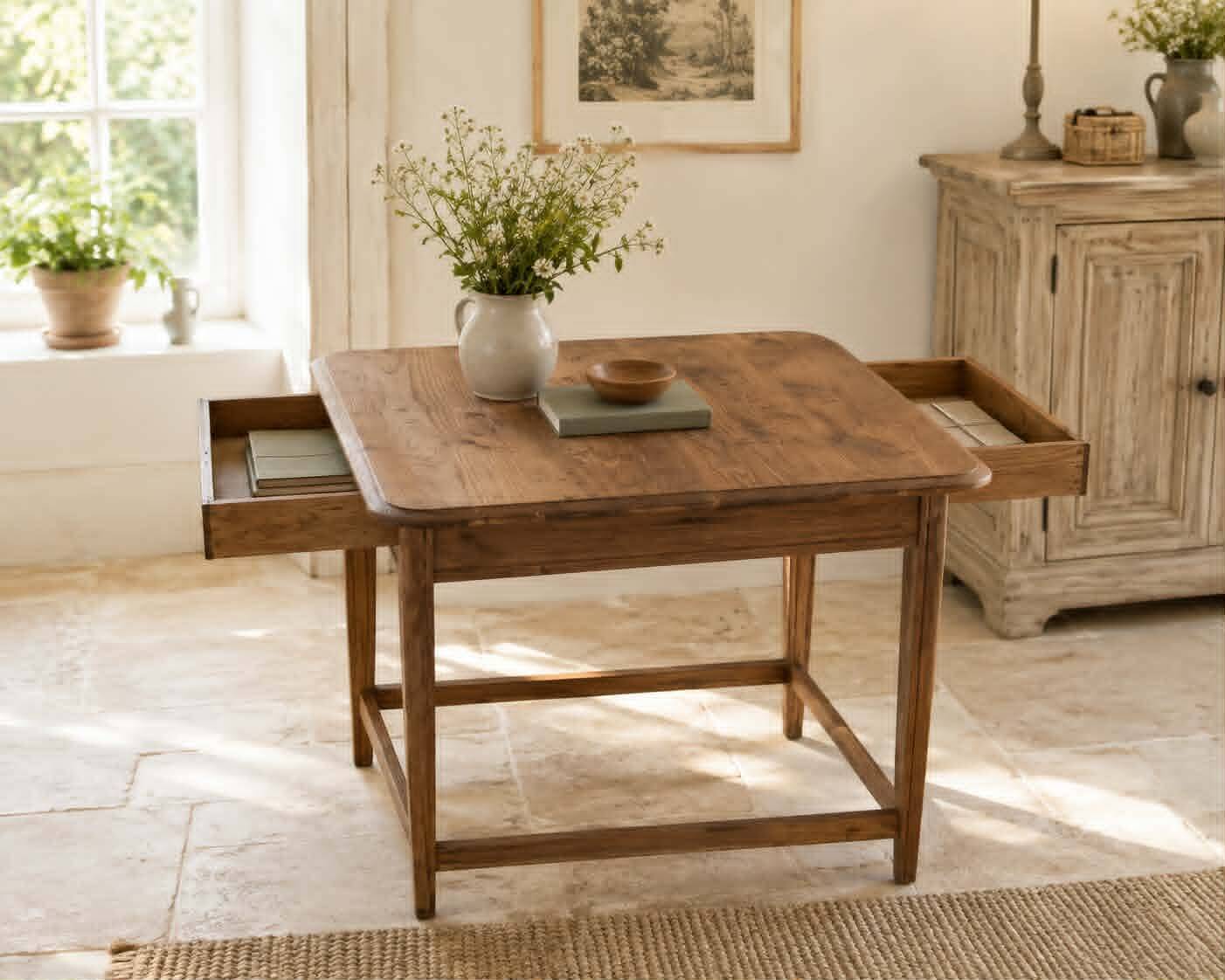 Square farmhouse table in solid oak.