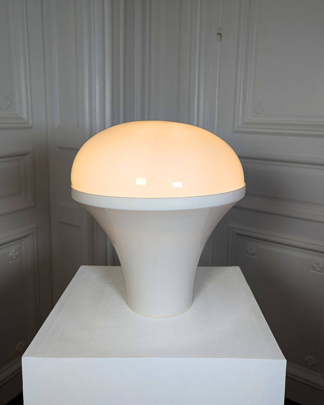 1970s “Mushroom” designer lamp in opaline glass and ABS base.