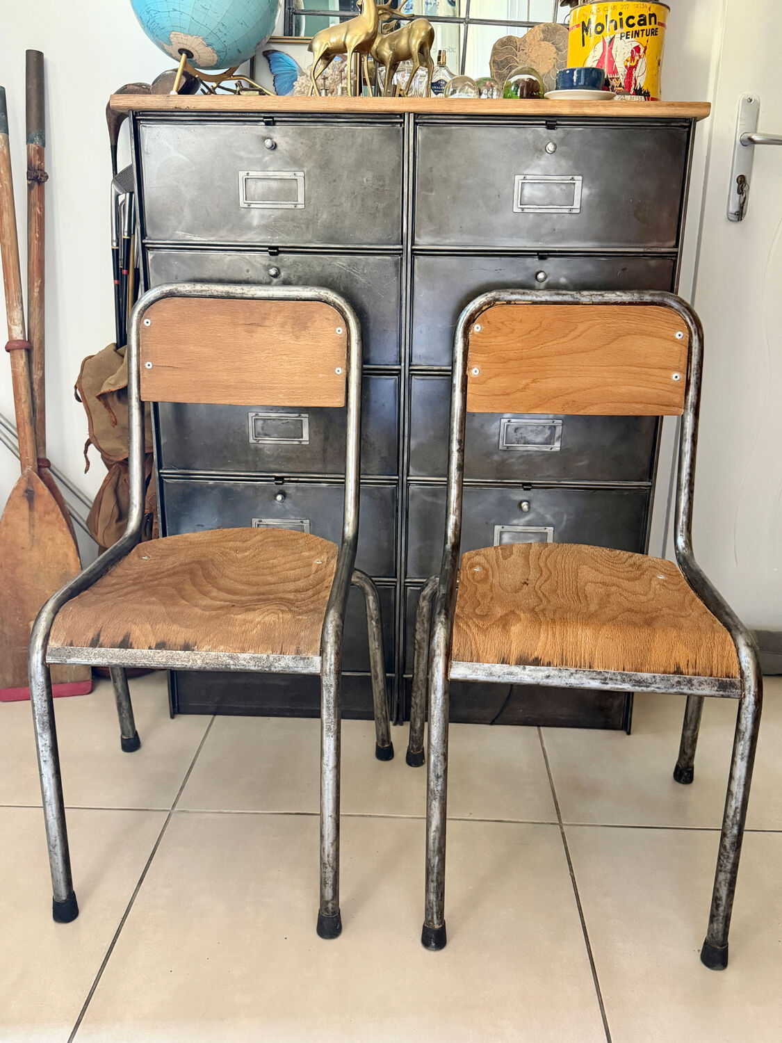 Pair of vintage adult school chairs in patinated metal