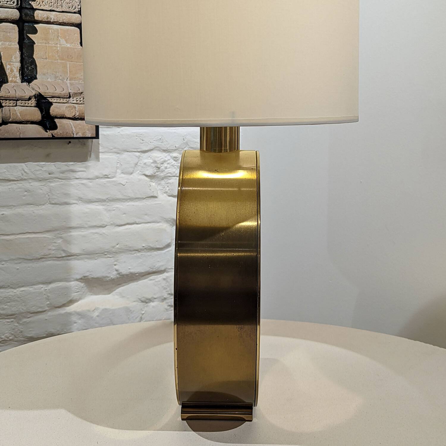 Large brass lamp with fabric shade, 1970