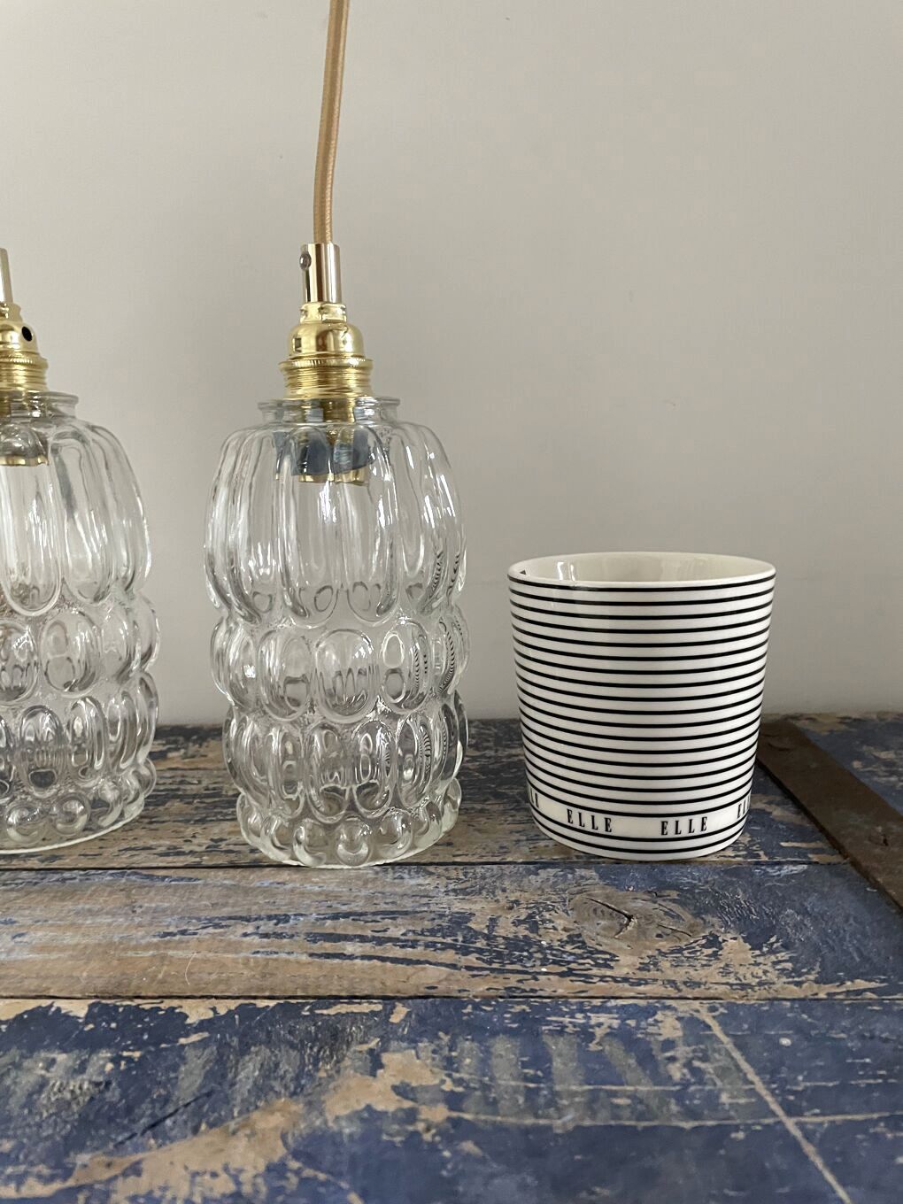 Set of two vintage electric chiseled glass walking lamps