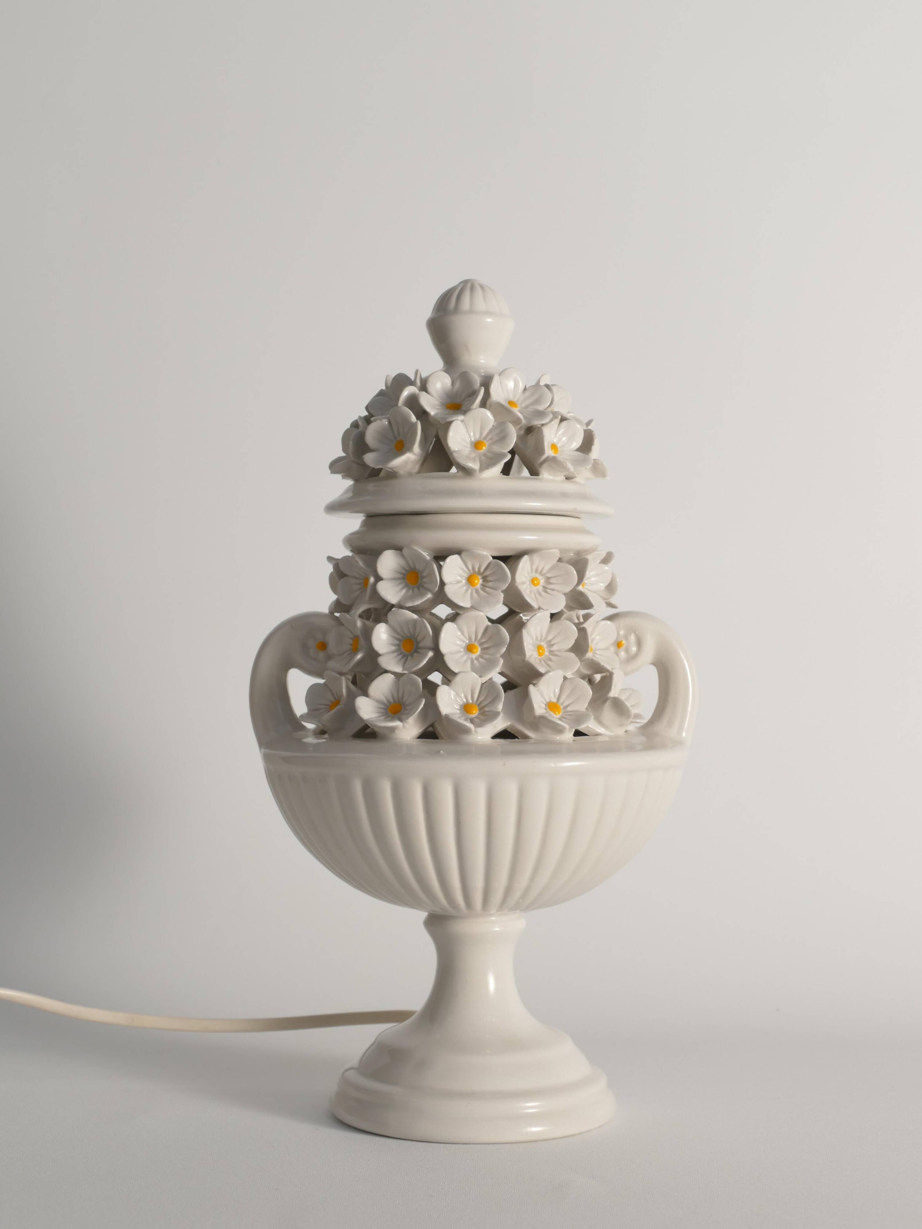 White Ceramic Table Lamp with Flower Motif, Italy 1960s
