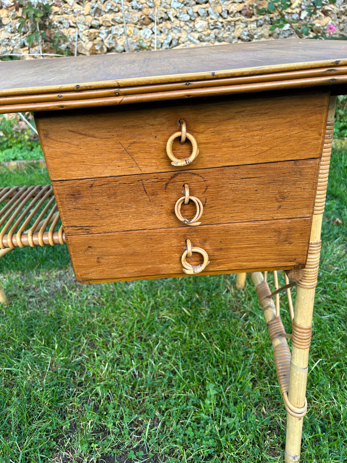 Vintage 1960 rattan desk by Louis Sognot